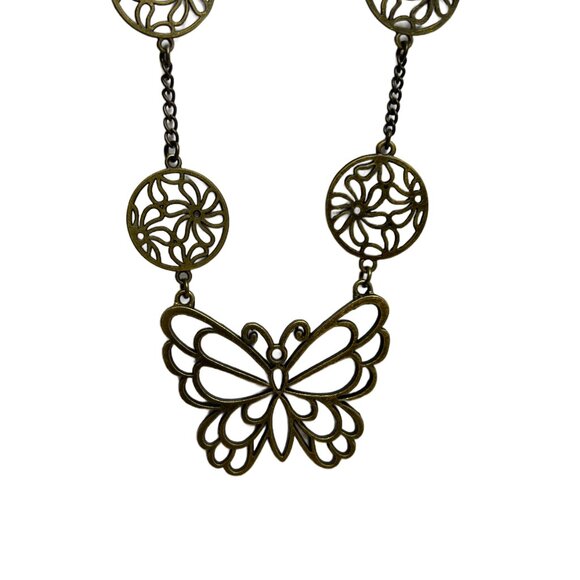 Butterfly Pendant on Flower Chain Necklace Antique Bronze Tone - Picture 1 of 8
